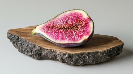 Poster - Half cut fig on wooden board, serene indoor still life