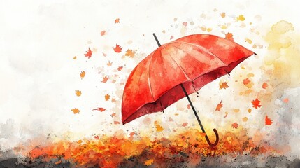 Poster - Red umbrella amidst falling autumn leaves in serene outdoor setting