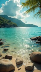 Poster - Serene tropical beach with lapping ocean waves and mountains
