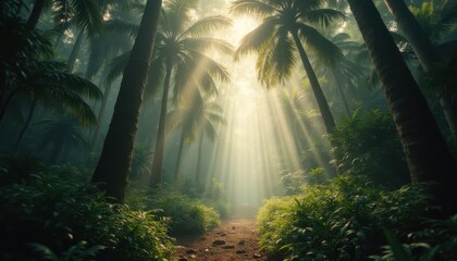 Poster - Serene path through misty tropical forest with palm trees