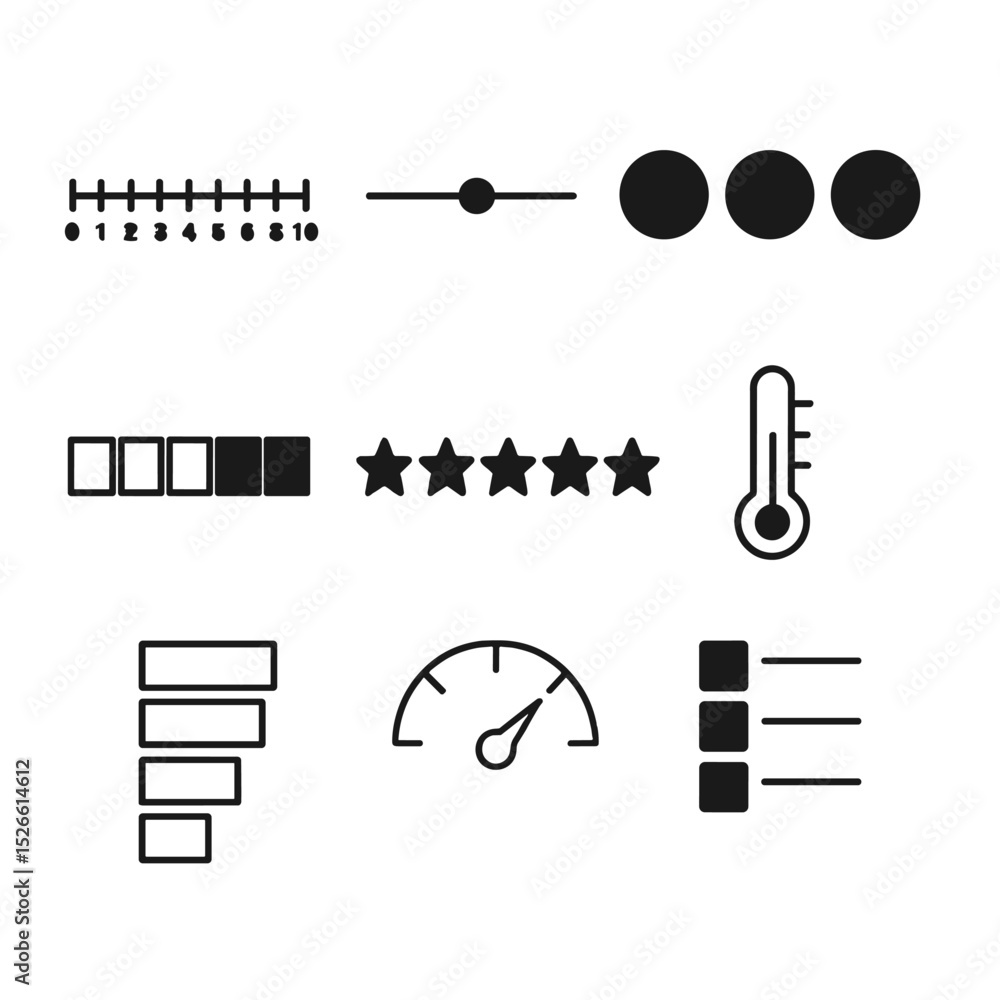 Pain Scale Icon Set. Outline icon set of pain severity scales: numeric ...