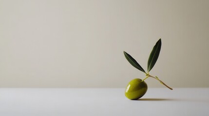 Poster - Single olive resting on table with leaves in minimalist setting