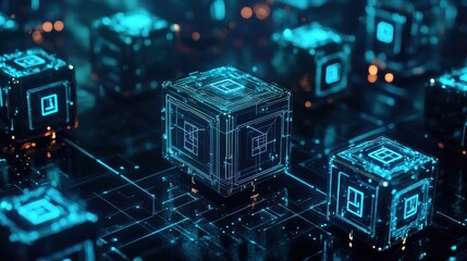 Poster - Dark cubes with glowing blue symbols in abstract digital environment