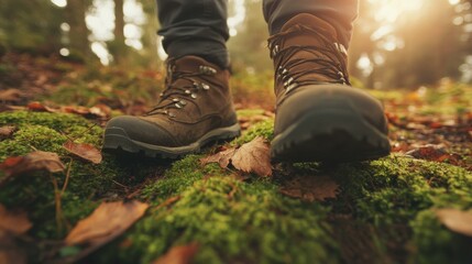 Poster - Brown boots walking through serene autumn forest