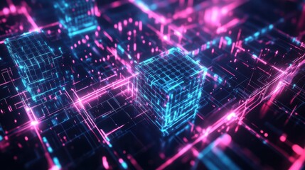 Aufkleber - Glowing cubes in abstract digital network at nighttime
