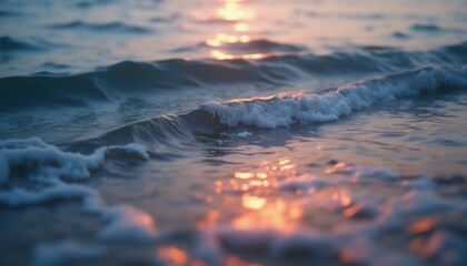 Poster - Ocean waves crashing on beach at sunset