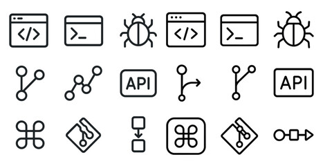 Software development icons for code, api, and debugging illustrations