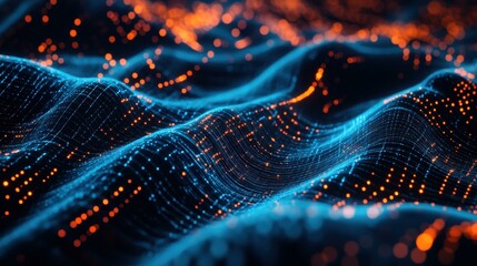 Poster - Abstract wave-like pattern of glowing points in blue and orange