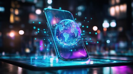 Poster - Smartphone and digital globe glowing with data in urban night