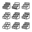 © Влада Яковенко - Stair Riser Icon Set. Outline icon set of stair riser treatments: tile pattern, color block stripe, vintage script, map
