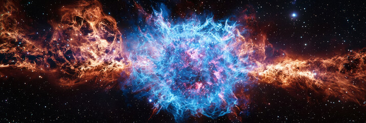 Wall Mural - Supernova remnant expanding through space, releasing intense bursts of blue and purple energy, cosmic realism