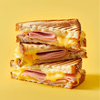 © Eva - ham and cheese toast, sliced diagonally, grilled sandwich with melted cheese and ham, floating effect,soft drop shadow, studio lighting, product photography style