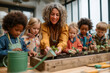 © perfectlab - Wide shot of diverse elementary students gardening with teacher during outdoor lesson