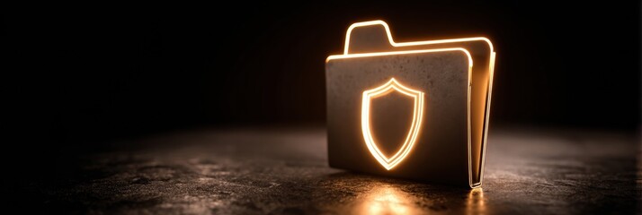 Poster - Encrypted Folder Icon Featuring a Glowing Shield Symbol in Dark Cyberspace With Ambient Light Shining on It