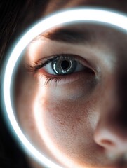 Poster - Reflected Glow of Ring Light in a Photographers Eye During a Creative Session in a Clean Studio Space