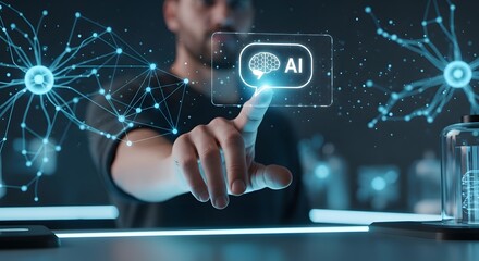 unveiling artificial intelligence: a futuristic interface featuring a man's touch, representing inno