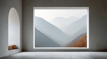 Wall Mural - Vast Misty Distant View from Closed Window in Minimalist Room