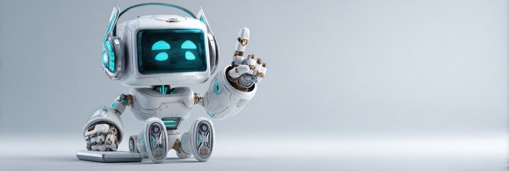 Poster - 3D Robot Assumes Role of Bank Support Agent, Showcasing Friendly Demeanor and Advanced Design in a Clear and Modern Setting