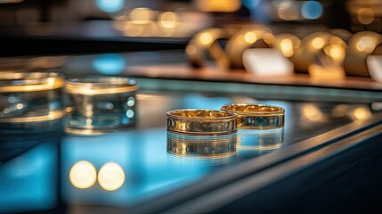 Gold rings on display case, reflected