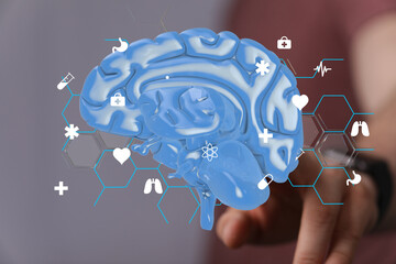 Poster - 3D rendering of a human brain with related medical icons.  Perfect for healthcare, technology, and science concepts.