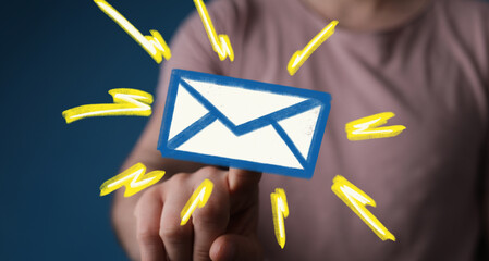 Poster - Hand pointing at a digital email icon, symbolizing new message alert or online communication.
