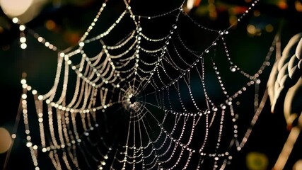 Macro view of dew droplets clinging to delicate spiderweb with blurred bokeh lights in nature during morning hours.