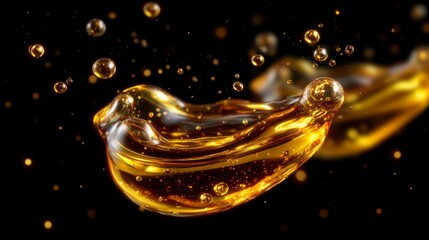 Golden Liquid Splash  Oil Droplets  Abstract Background  Cosmetic Texture  Luxury  Beauty