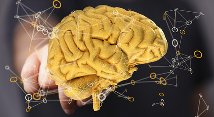Aufkleber - Abstract image of a golden brain with network connections, representing intelligence, ideas, and innovation.