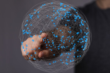 Poster - Abstract image of a hand interacting with a digital global network, representing connection and technology.