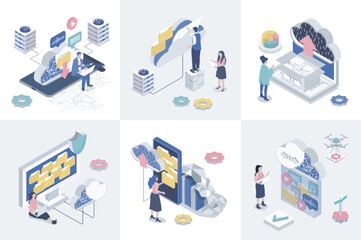 Fototapete - Cloud storage 3d isometry concept for web design. Collection set with isometric people uploading and downloading data in online storage, datacenter processing, hosting service. Vector illustration.