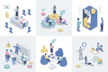 Poster - Coworking 3d isometry concept for web design. Collection set with isometric people work in office space with coworkers workspace, workplace room, freelance and startup teamwork. Vector illustration.