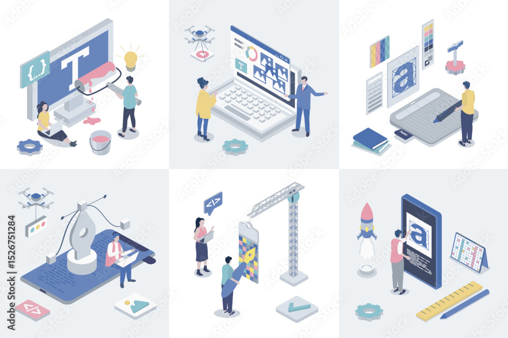 Designer studio 3d isometry concept for web design. Collection set with ...