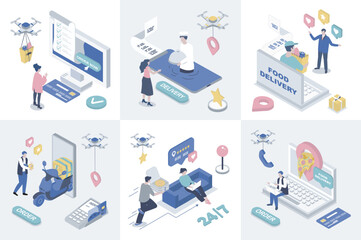 Aufkleber - Food delivery 3d isometry concept for web design. Collection set with isometric people ordering online pizza or grocery menu in bags, using fast courier shipping service to home. Vector illustration.