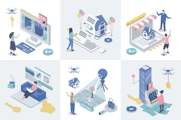 Leinwandbilder - Real estate 3d isometry concept for web design. Collection set with isometric people searching new home, buying property, rents apartment, building houses, mortgage for customer. Vector illustration.