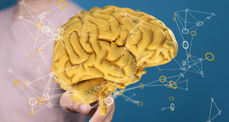Aufkleber - Abstract image of a golden brain with connecting neural networks.  Ideal for AI, technology, and neuroscience concepts.