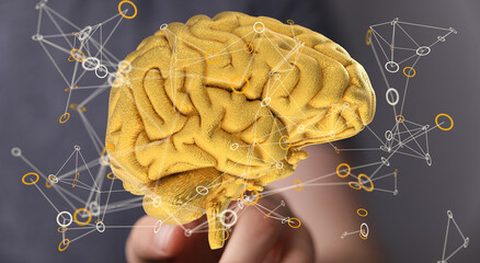 Leinwandbilder - Abstract image of a golden brain with interconnected nodes, representing neural networks and intelligence.