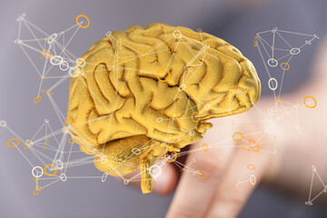 Leinwandbilder - 3D golden brain model with glowing neural network connections.  Perfect for AI, technology, and neuroscience concepts.