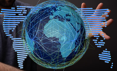 Aufkleber - Hand interacting with a digital globe, illustrating global connectivity and data exchange.