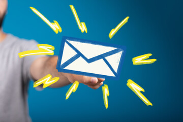 Aufkleber - Person presenting email icon.  Fast communication, online message, inbox.
