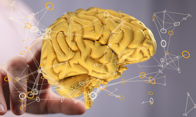 Leinwandbilder - 3D golden brain model, representing neural networks and connections.  Perfect for AI, technology, and neuroscience concepts.
