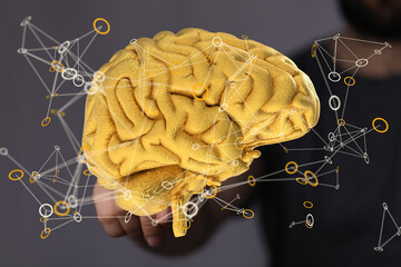 Leinwandbilder - 3D golden brain model, representing neural networks and connections.  Concept for AI, intelligence, and technology.