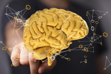 Leinwandbilder - 3D golden brain model, showcasing complex neural networks and connections.  Perfect for AI, technology, and neuroscience concepts.
