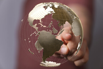 Fototapete - High-quality stock photo of a hand interacting with a 3D digital globe, symbolizing global connectivity and networking.