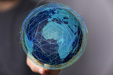 Fototapete - Abstract image of a digital world map showcasing global network connections and data streams.