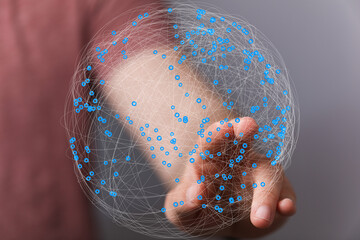 Fototapete - Abstract image of a hand interacting with a digital global network. Represents connection, technology, and communication.