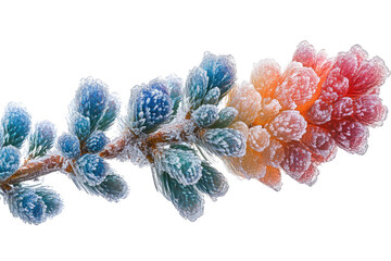 Poster - Frost-covered pine branch with vibrant blue, orange, and red hues. background removed