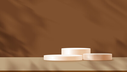 Poster - Autumn Background Studio with Light,Shadow on 3d beige Round Podium Display for Fall Product Design Banner,Vector Abstract minimalist stage mockup of pedestal platform with brown wall interior