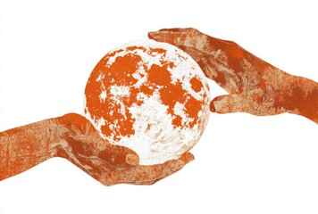 Wall Mural - two hands holding the moon, collage art style, light orange and white background