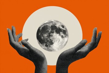 Wall Mural - two hands holding the moon, collage art style, light orange and white background