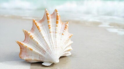 Wall Mural - A single seashell lies on a sandy beach, with the vast ocean in the background.